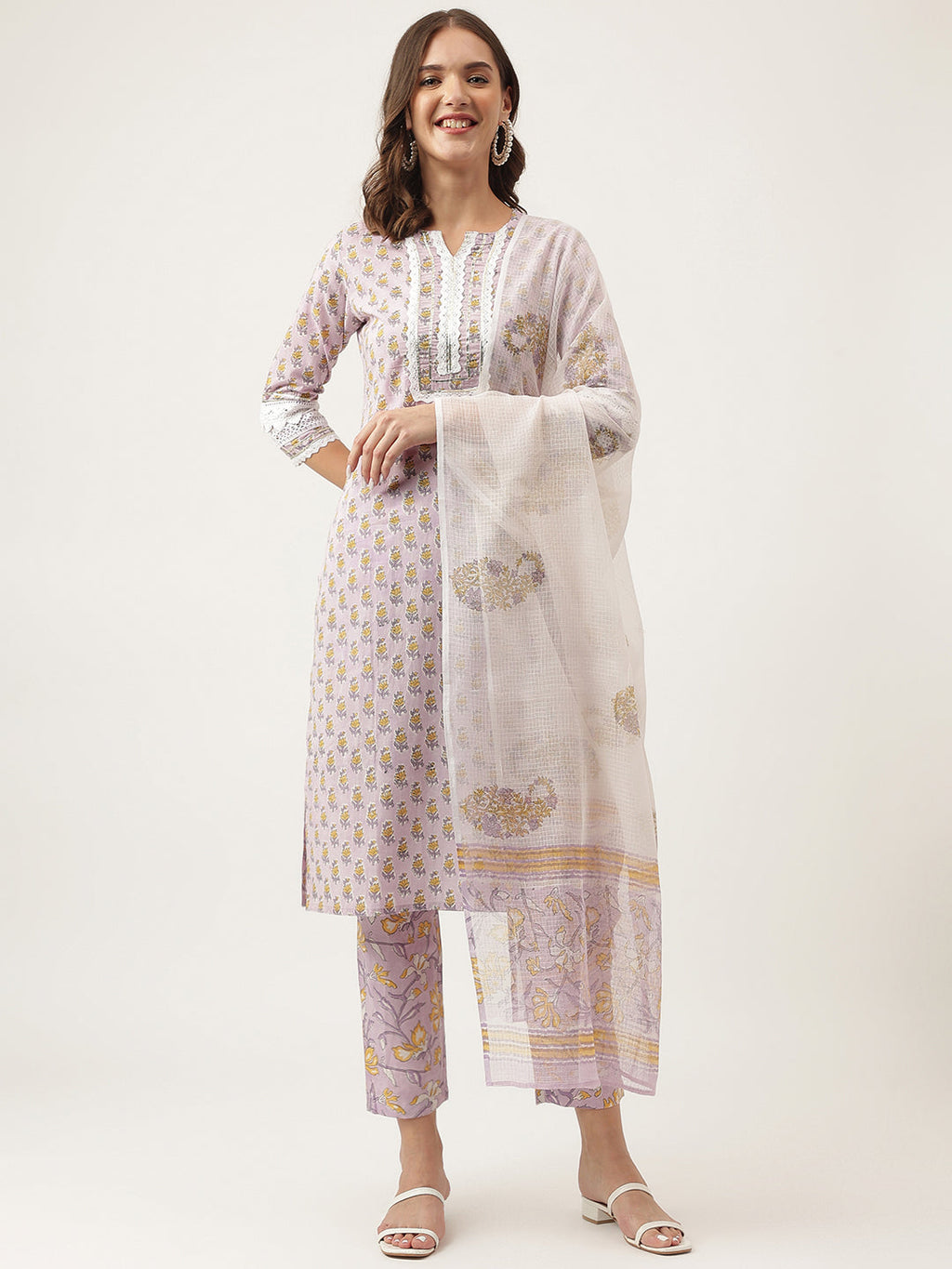 Noe Velarro Lavender Hand Block Printed Cotton Kurta, Trouser with Kota Doria Dupatta Set