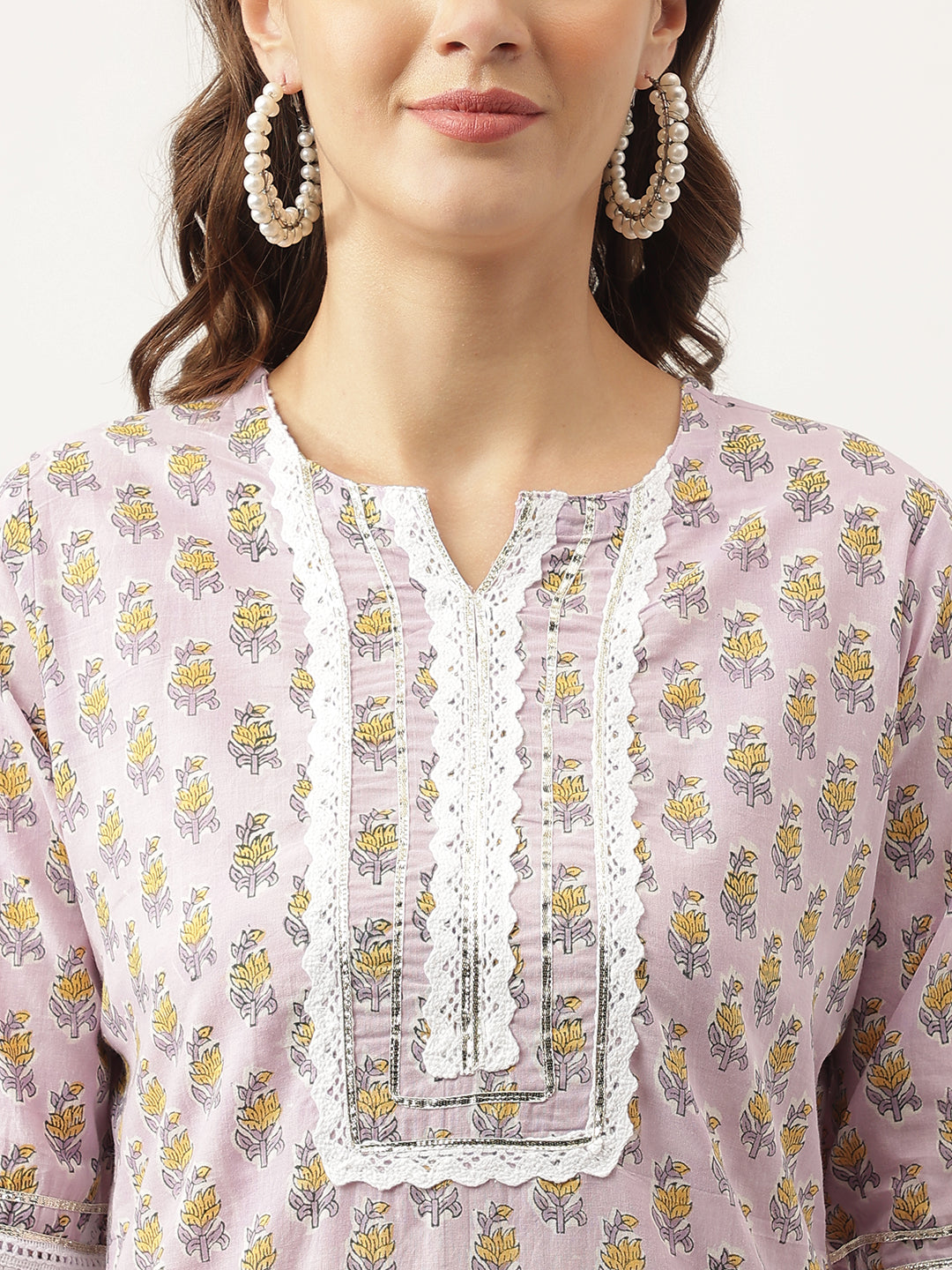 Noe Velarro Lavender Hand Block Printed Cotton Kurta, Trouser with Kota Doria Dupatta Set