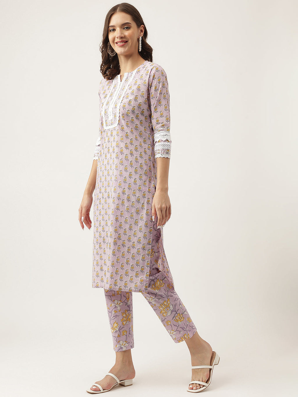 Noe Velarro Lavender Hand Block Printed Cotton Kurta, Trouser with Kota Doria Dupatta Set
