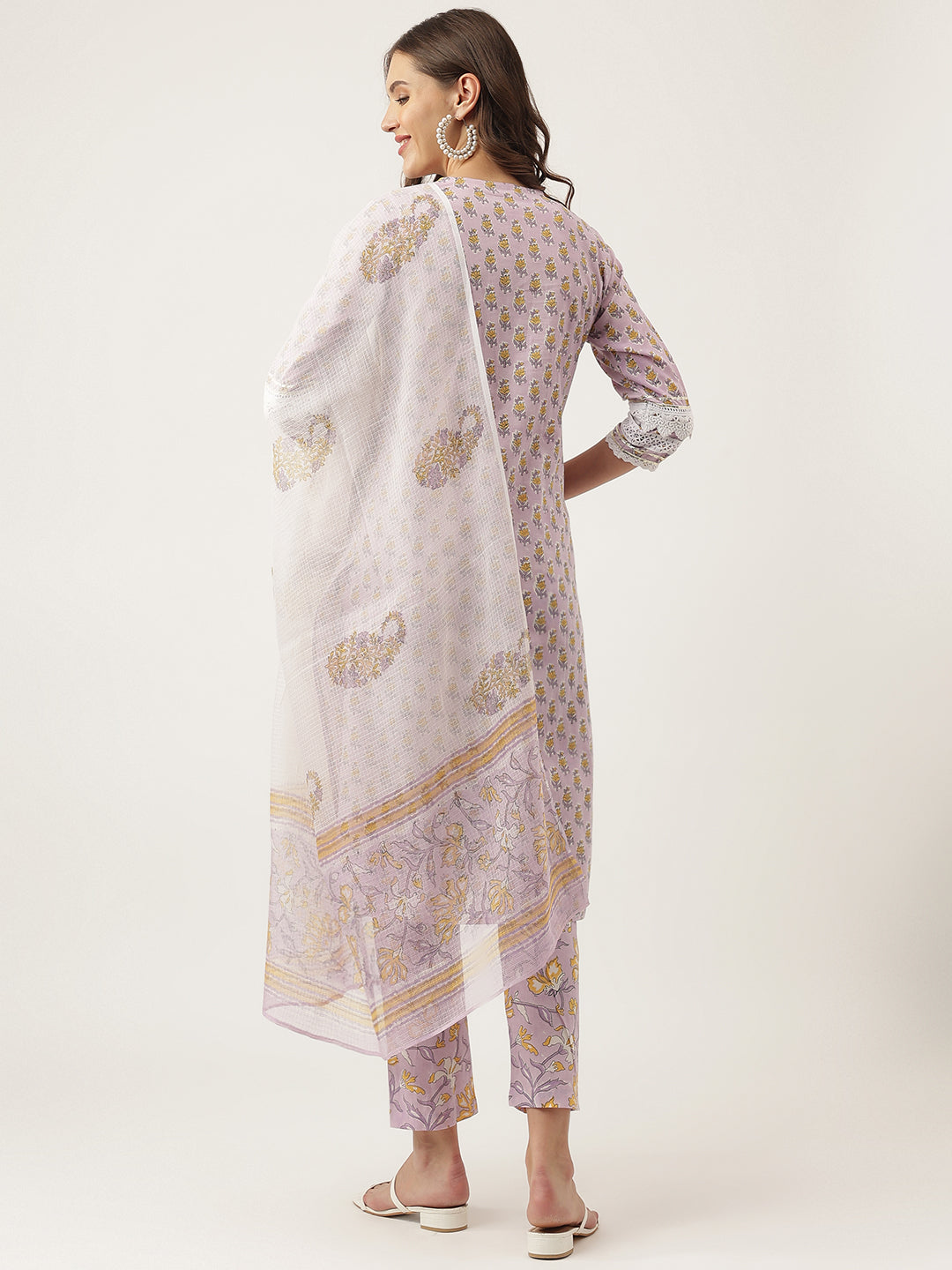 Noe Velarro Lavender Hand Block Printed Cotton Kurta, Trouser with Kota Doria Dupatta Set