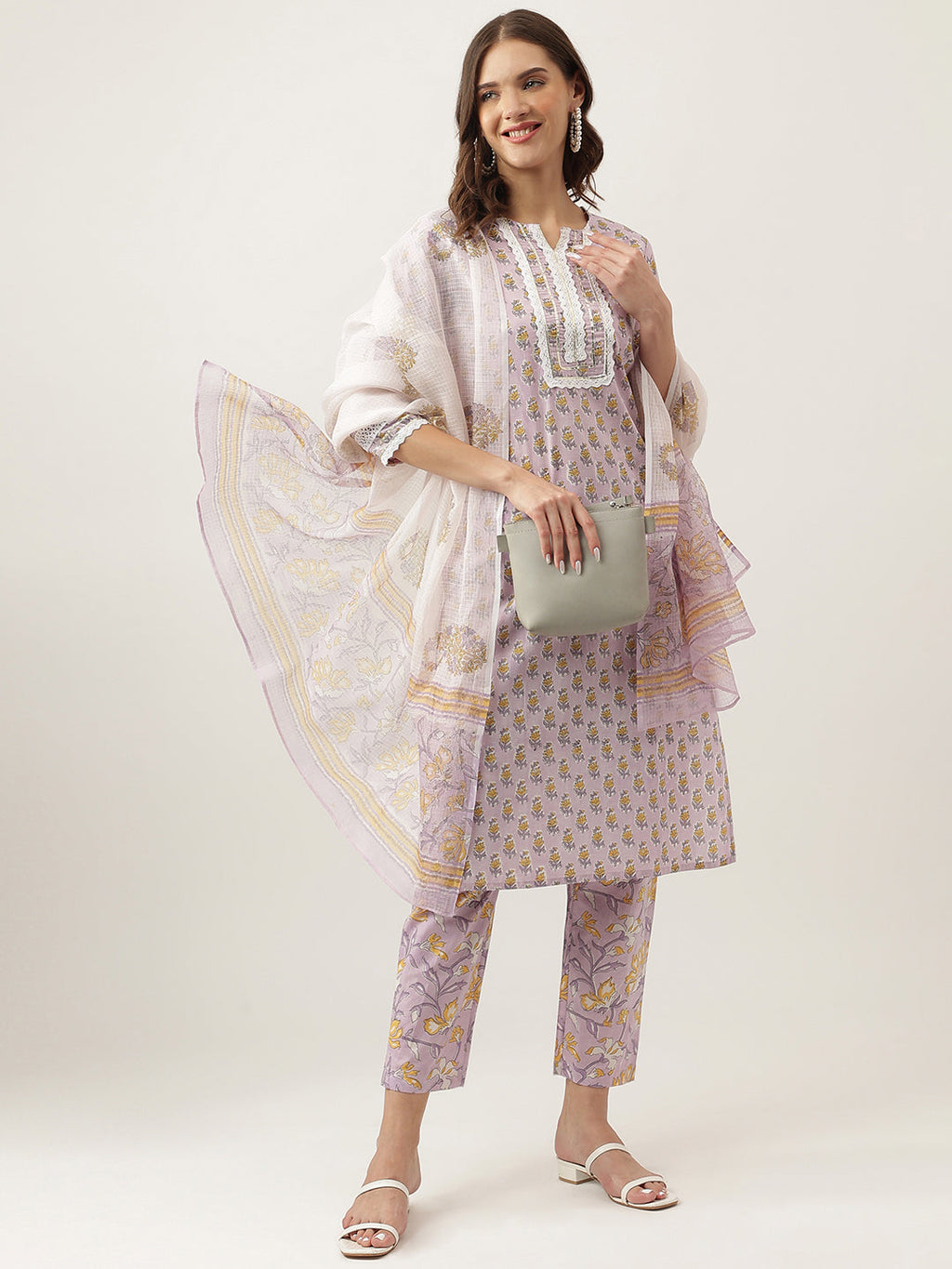 Noe Velarro Lavender Hand Block Printed Cotton Kurta, Trouser with Kota Doria Dupatta Set