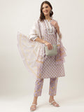 Noe Velarro Lavender Hand Block Printed Cotton Kurta, Trouser with Kota Doria Dupatta Set