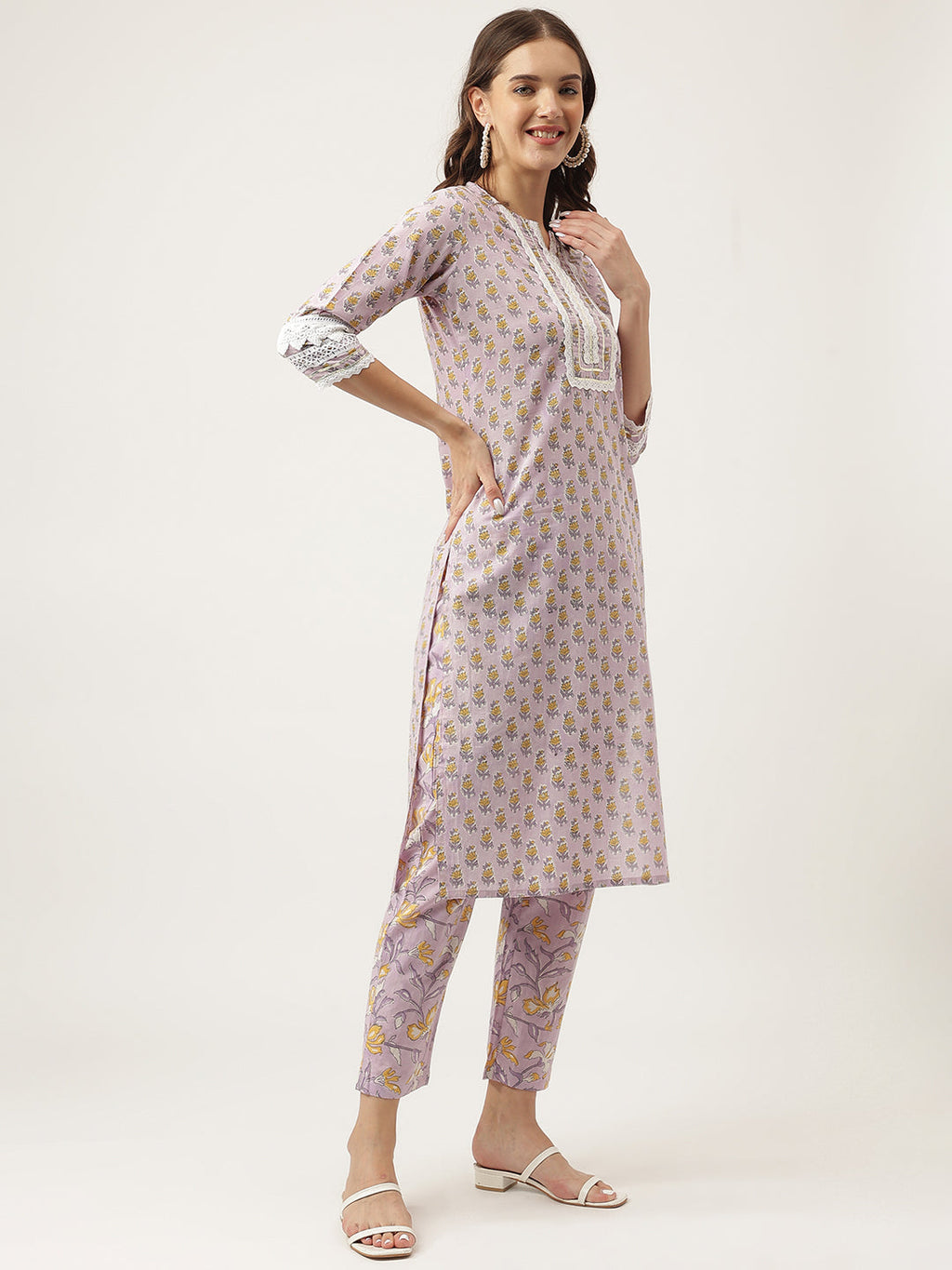 Noe Velarro Lavender Hand Block Printed Cotton Kurta, Trouser with Kota Doria Dupatta Set