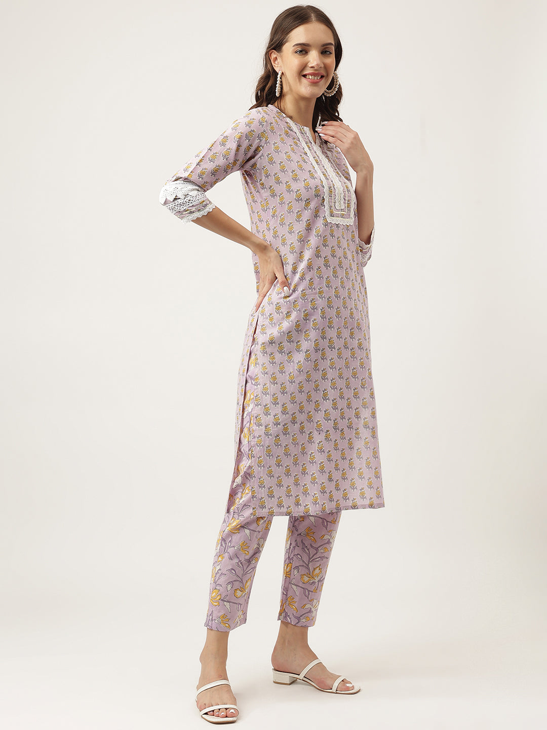 Noe Velarro Lavender Hand Block Printed Cotton Kurta, Trouser with Kota Doria Dupatta Set