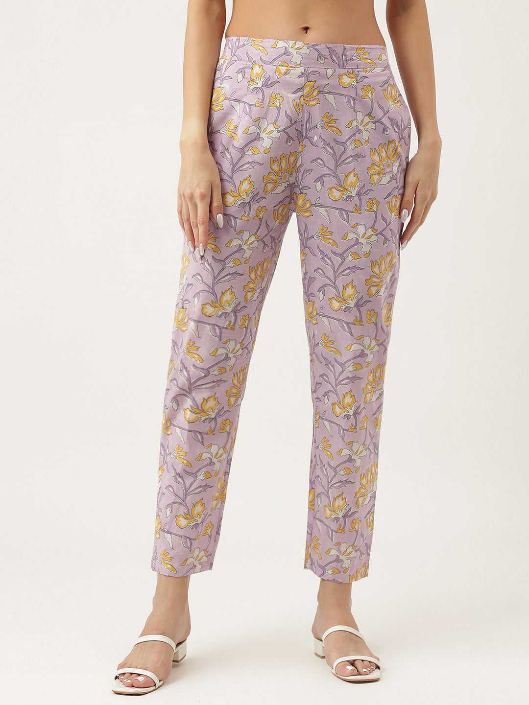 Noe Velarro Lavender Hand Block Printed Cotton Kurta, Trouser with Kota Doria Dupatta Set