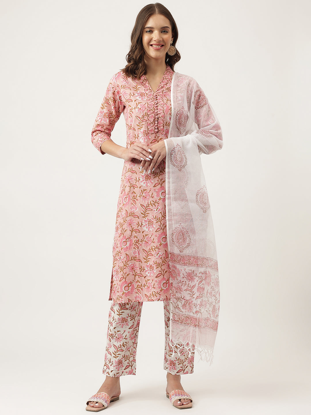 Noe Velarro Pink hand block Floral Printed Cotton Kurta, trousers with Dupatta Set
