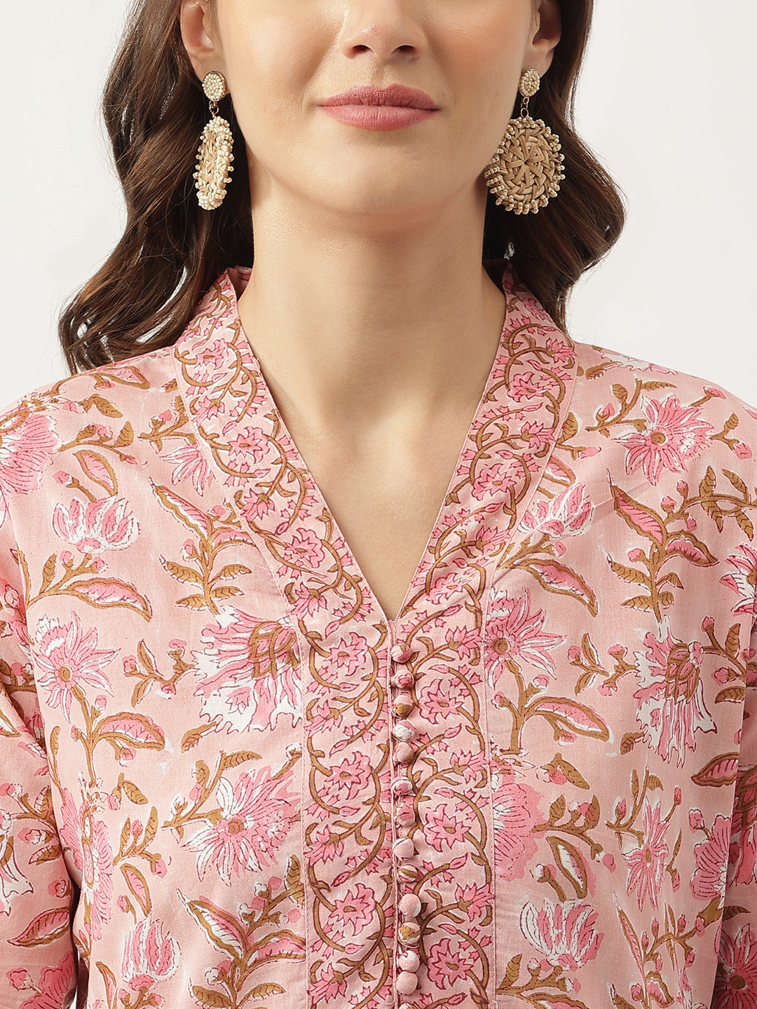 Noe Velarro Pink hand block Floral Printed Cotton Kurta, trousers with Dupatta Set