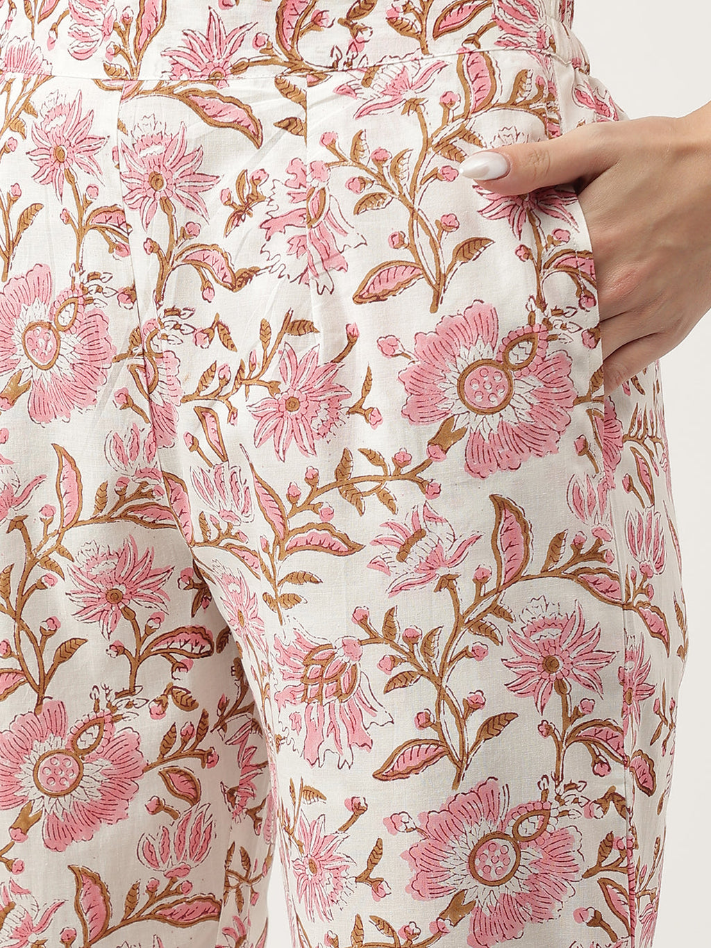 Noe Velarro Pink hand block Floral Printed Cotton Kurta, trousers with Dupatta Set
