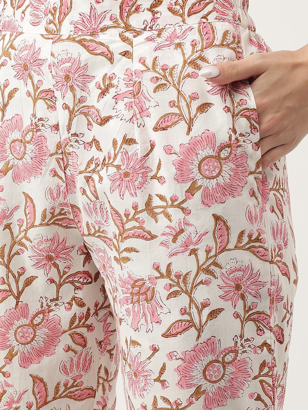 Noe Velarro Pink hand block Floral Printed Cotton Kurta, trousers with Dupatta Set