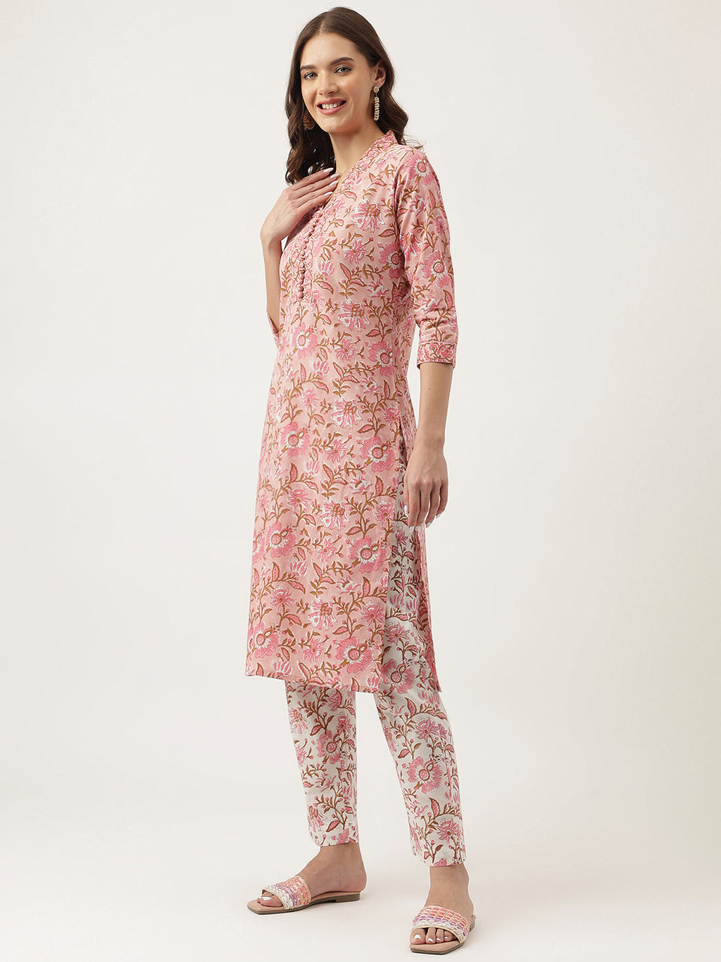 Noe Velarro Pink hand block Floral Printed Cotton Kurta, trousers with Dupatta Set