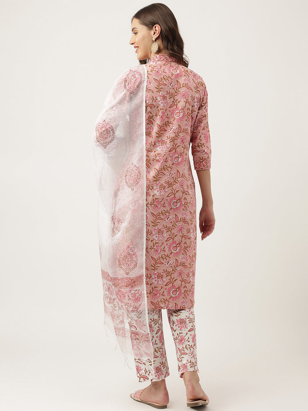 Noe Velarro Pink hand block Floral Printed Cotton Kurta, trousers with Dupatta Set