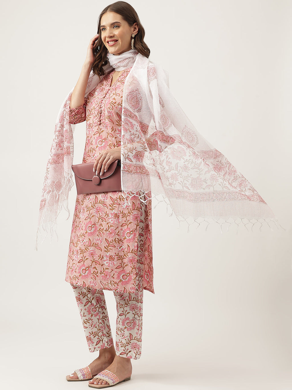 Noe Velarro Pink hand block Floral Printed Cotton Kurta, trousers with Dupatta Set