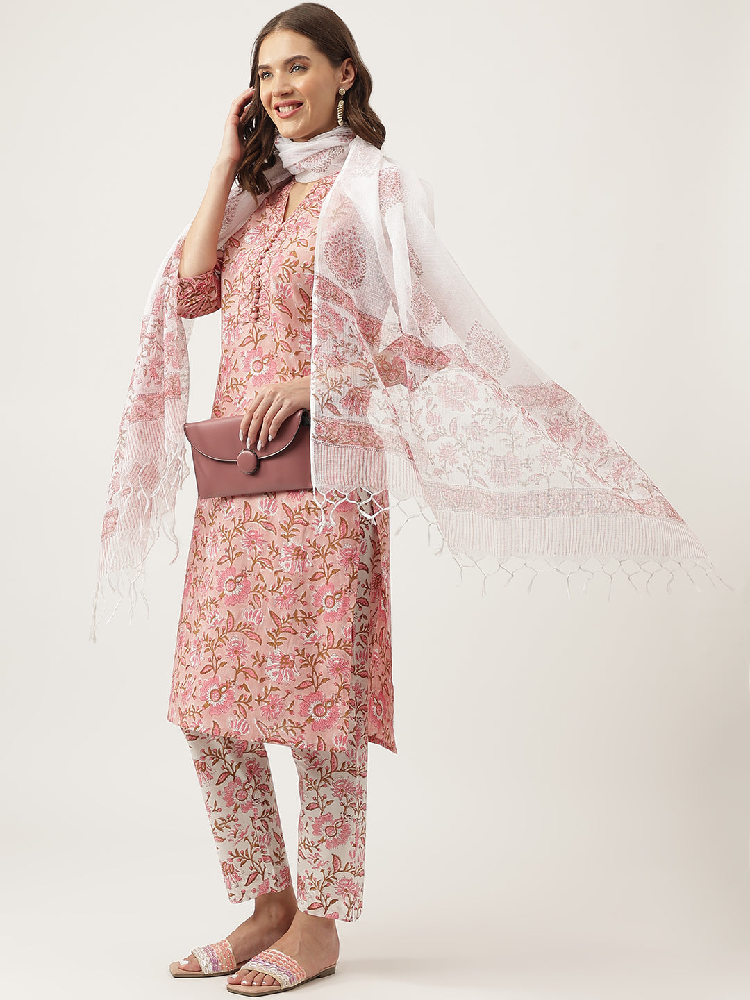 Noe Velarro Pink hand block Floral Printed Cotton Kurta, trousers with Dupatta Set