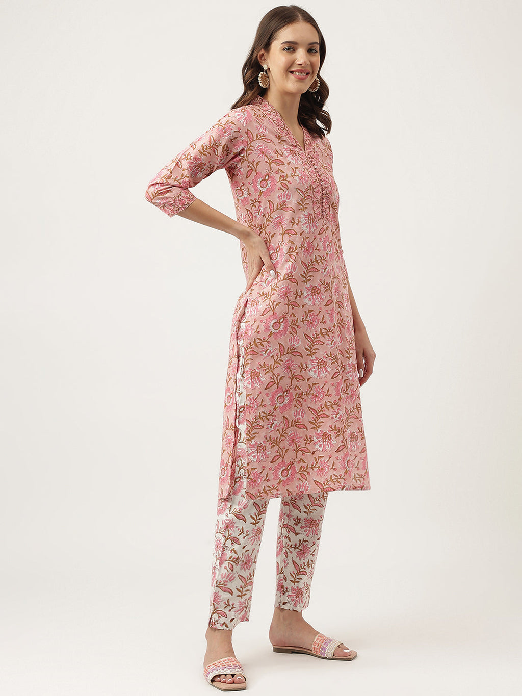 Noe Velarro Pink hand block Floral Printed Cotton Kurta, trousers with Dupatta Set