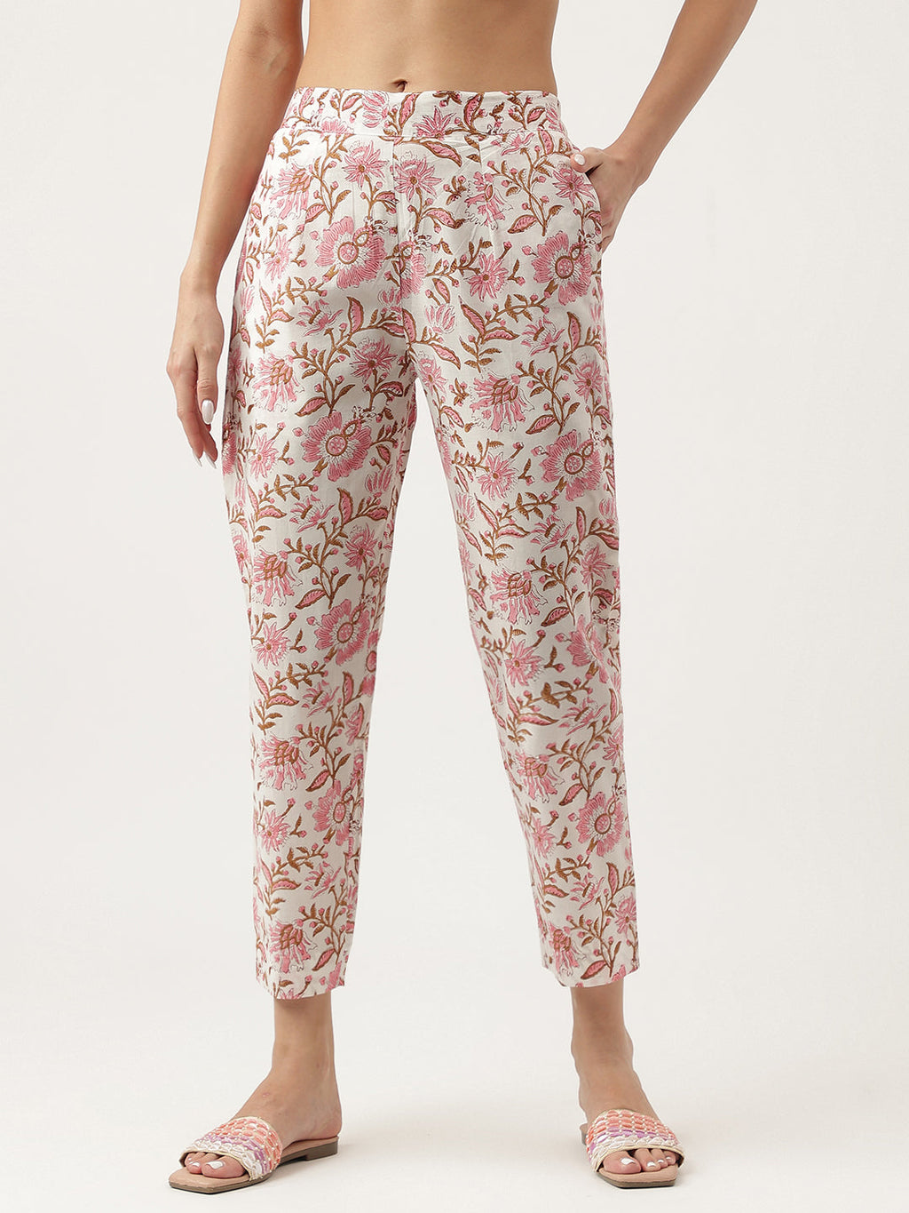 Noe Velarro Pink hand block Floral Printed Cotton Kurta, trousers with Dupatta Set