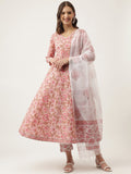 Noe Velarro Pink Floral HandBlock Printed Cotton Anarkali Kurta, trouser with Dupatta Set