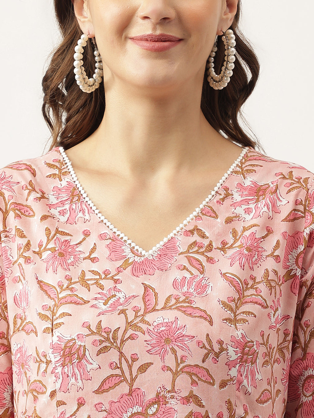 Noe Velarro Pink Floral HandBlock Printed Cotton Anarkali Kurta, trouser with Dupatta Set