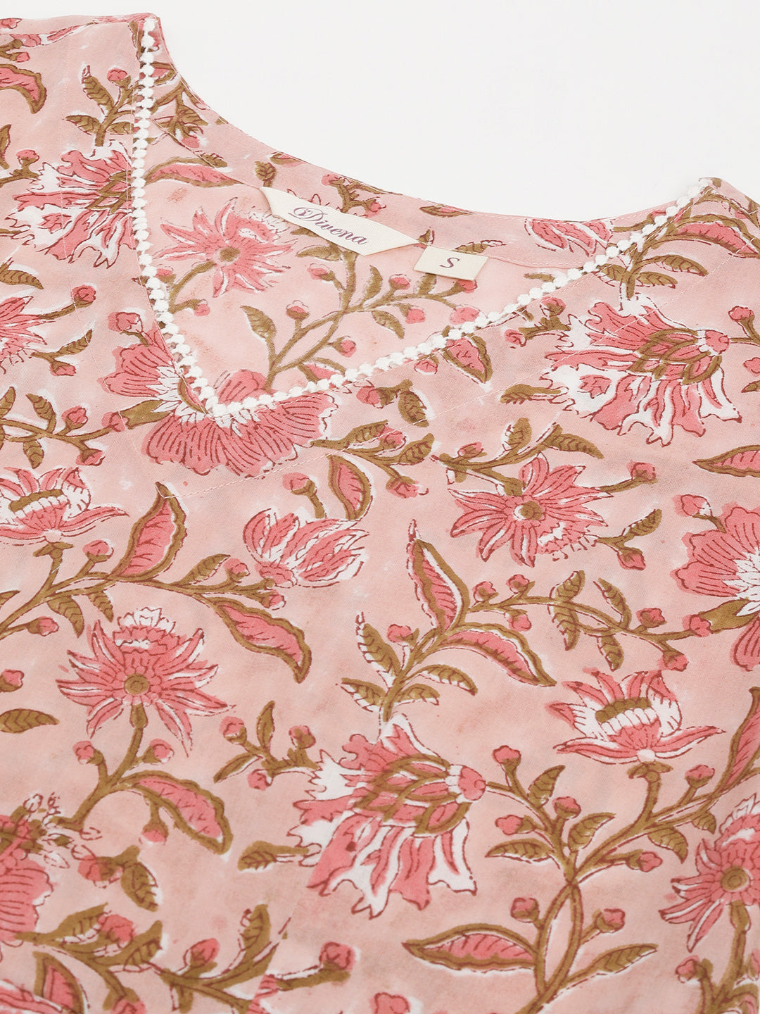 Noe Velarro Pink Floral HandBlock Printed Cotton Anarkali Kurta, trouser with Dupatta Set