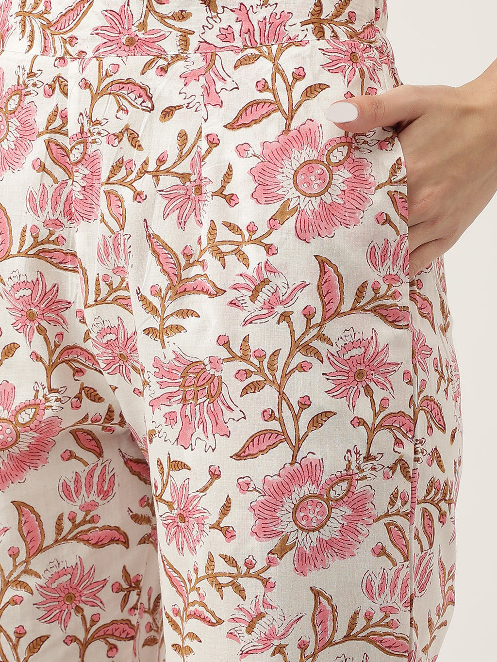 Noe Velarro Pink Floral HandBlock Printed Cotton Anarkali Kurta, trouser with Dupatta Set