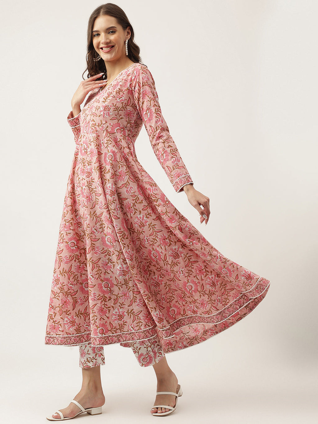 Noe Velarro Pink Floral HandBlock Printed Cotton Anarkali Kurta, trouser with Dupatta Set