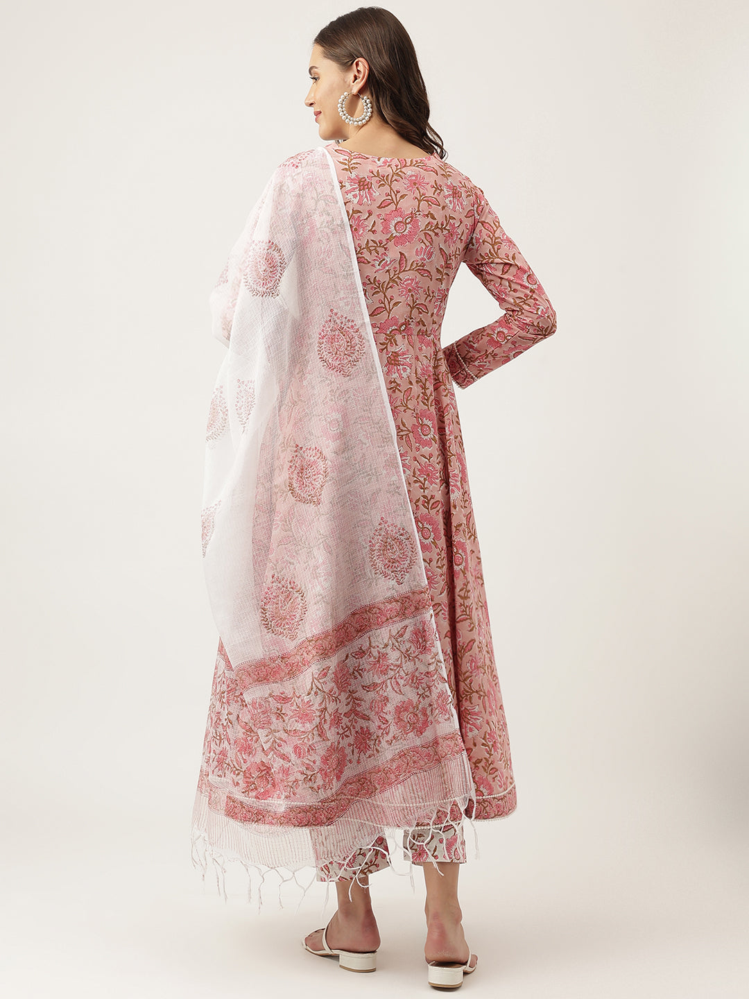 Noe Velarro Pink Floral HandBlock Printed Cotton Anarkali Kurta, trouser with Dupatta Set