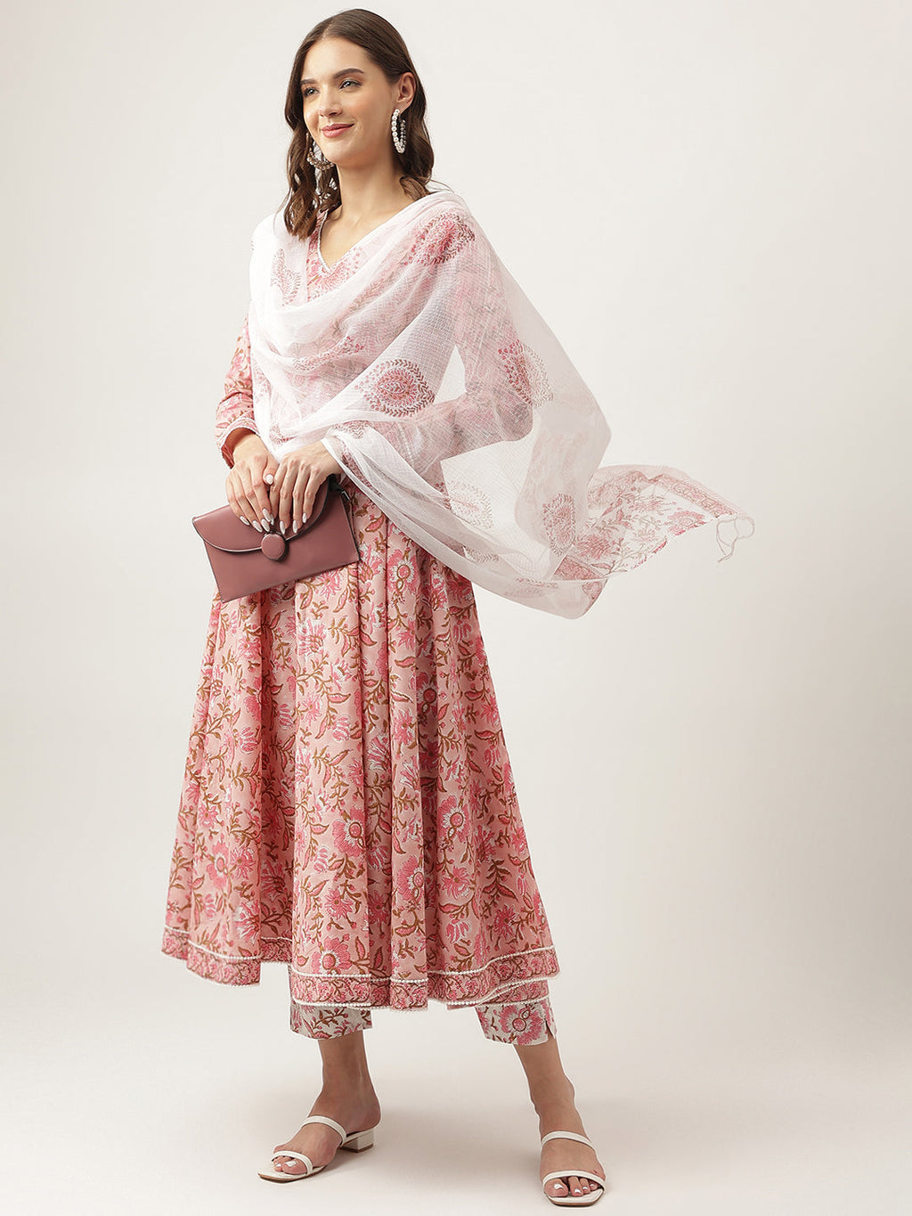 Noe Velarro Pink Floral HandBlock Printed Cotton Anarkali Kurta, trouser with Dupatta Set