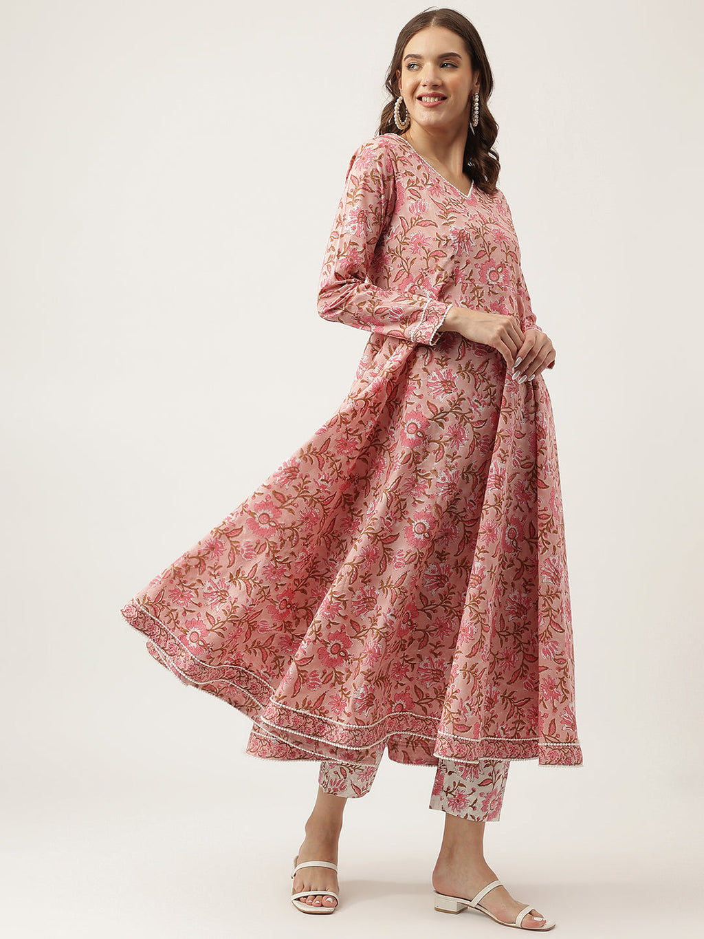 Noe Velarro Pink Floral HandBlock Printed Cotton Anarkali Kurta, trouser with Dupatta Set