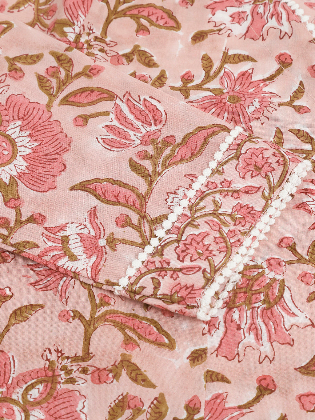 Noe Velarro Pink Floral HandBlock Printed Cotton Anarkali Kurta, trouser with Dupatta Set