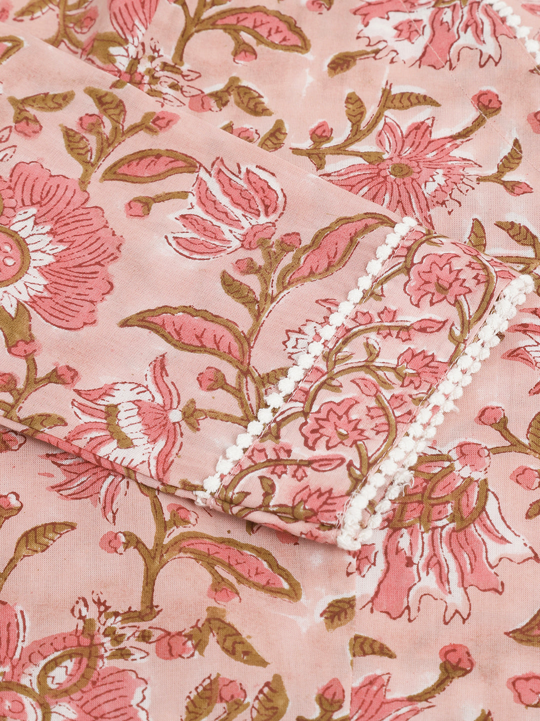 Noe Velarro Pink Floral HandBlock Printed Cotton Anarkali Kurta, trouser with Dupatta Set