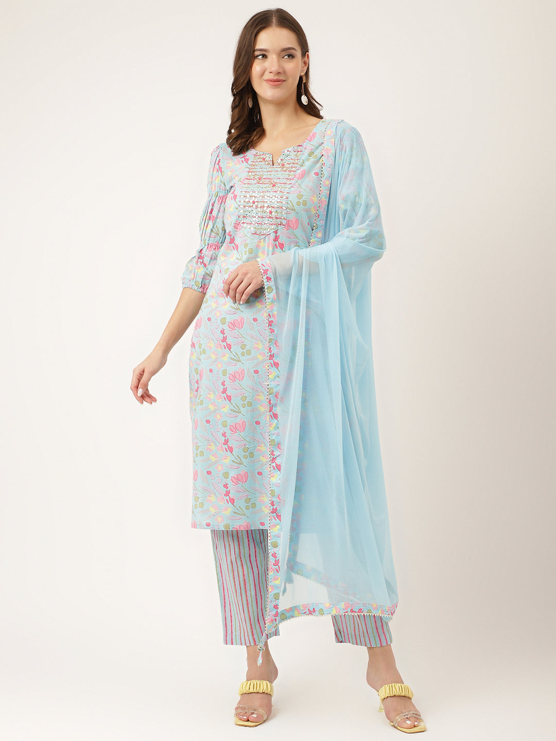 Noe Velarro Blue Floral Print Cotton  Kurta, Trouser With Dupatta