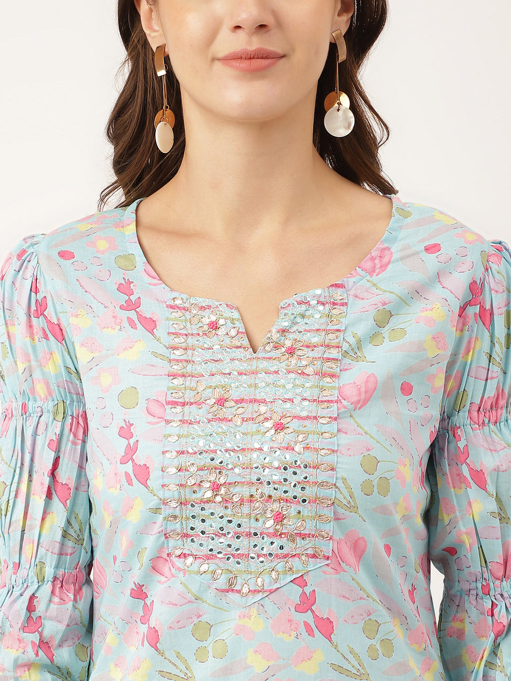 Noe Velarro Blue Floral Print Cotton  Kurta, Trouser With Dupatta