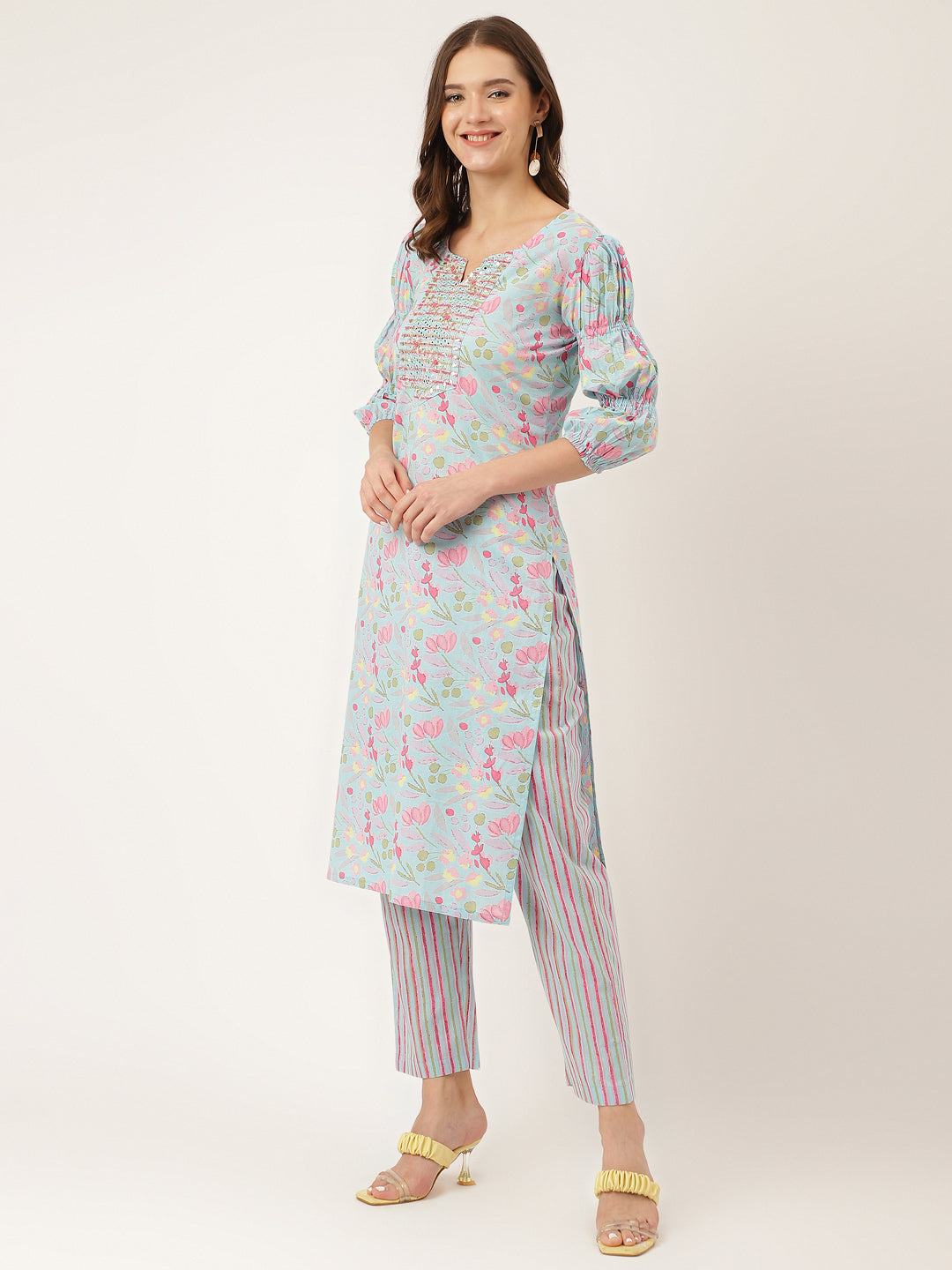 Noe Velarro Blue Floral Print Cotton  Kurta, Trouser With Dupatta
