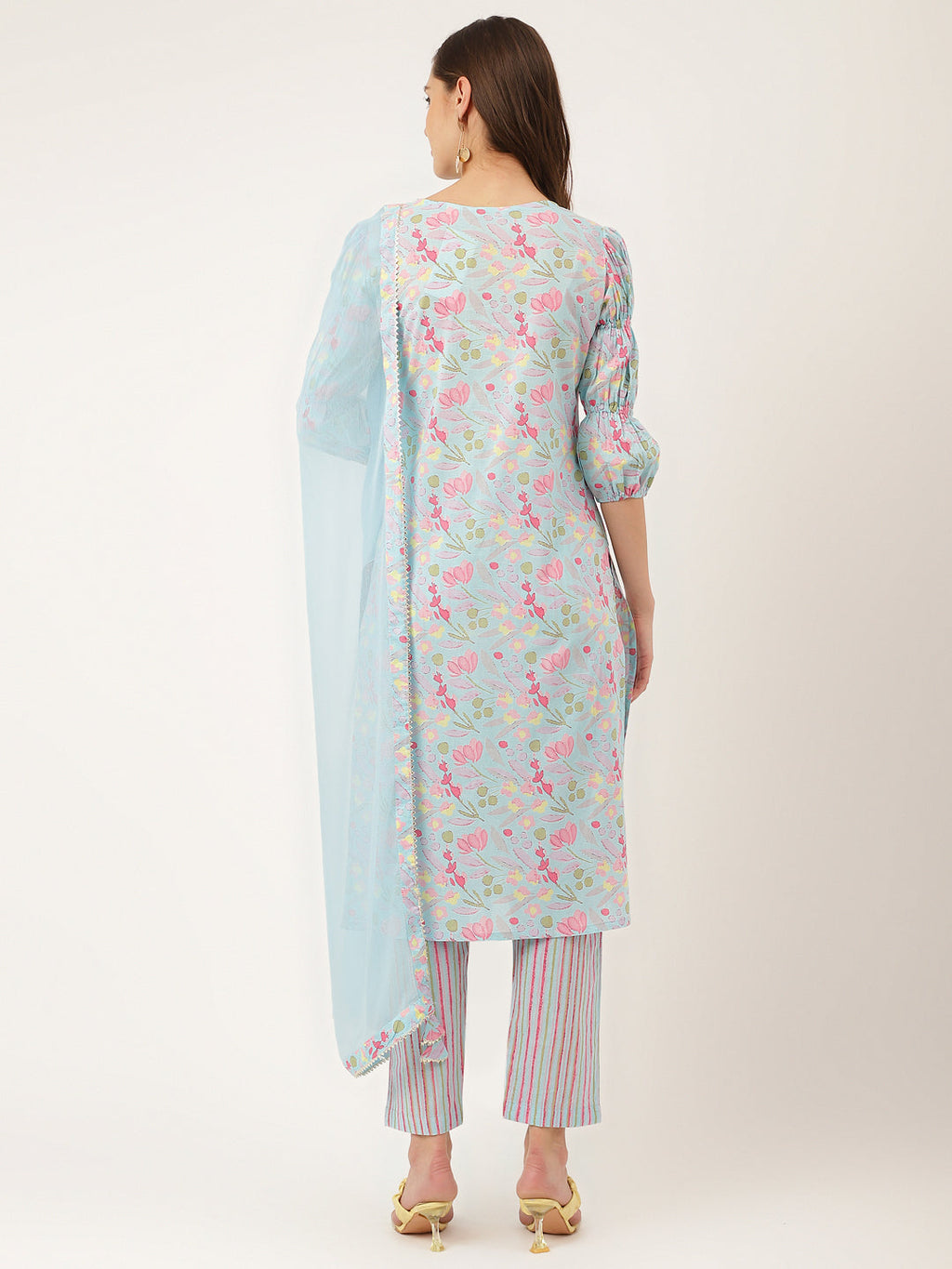 Noe Velarro Blue Floral Print Cotton  Kurta, Trouser With Dupatta