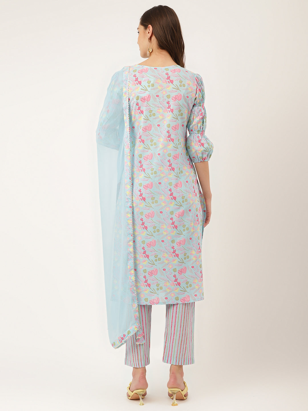 Noe Velarro Blue Floral Print Cotton  Kurta, Trouser With Dupatta