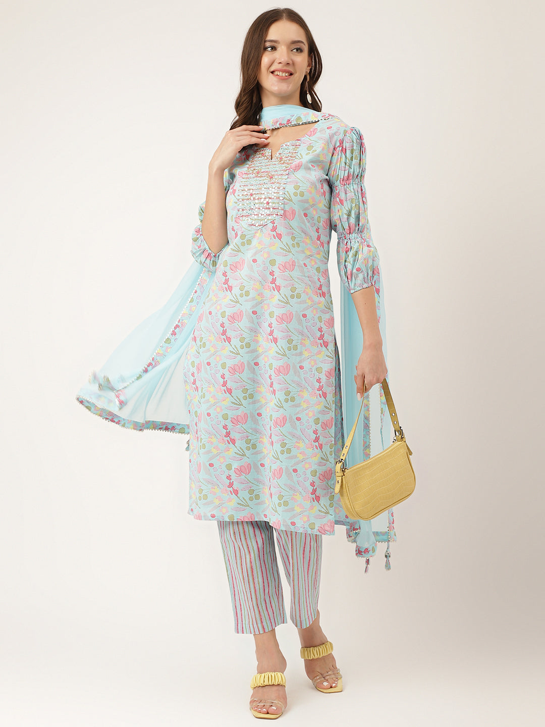 Noe Velarro Blue Floral Print Cotton  Kurta, Trouser With Dupatta