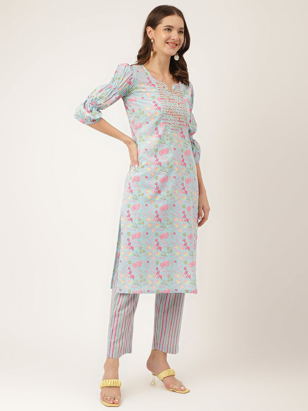 Noe Velarro Blue Floral Print Cotton  Kurta, Trouser With Dupatta