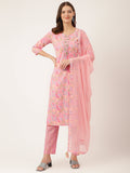 Noe Velarro Pink Floral Print Cotton  Kurta, Trouser With Dupatta
