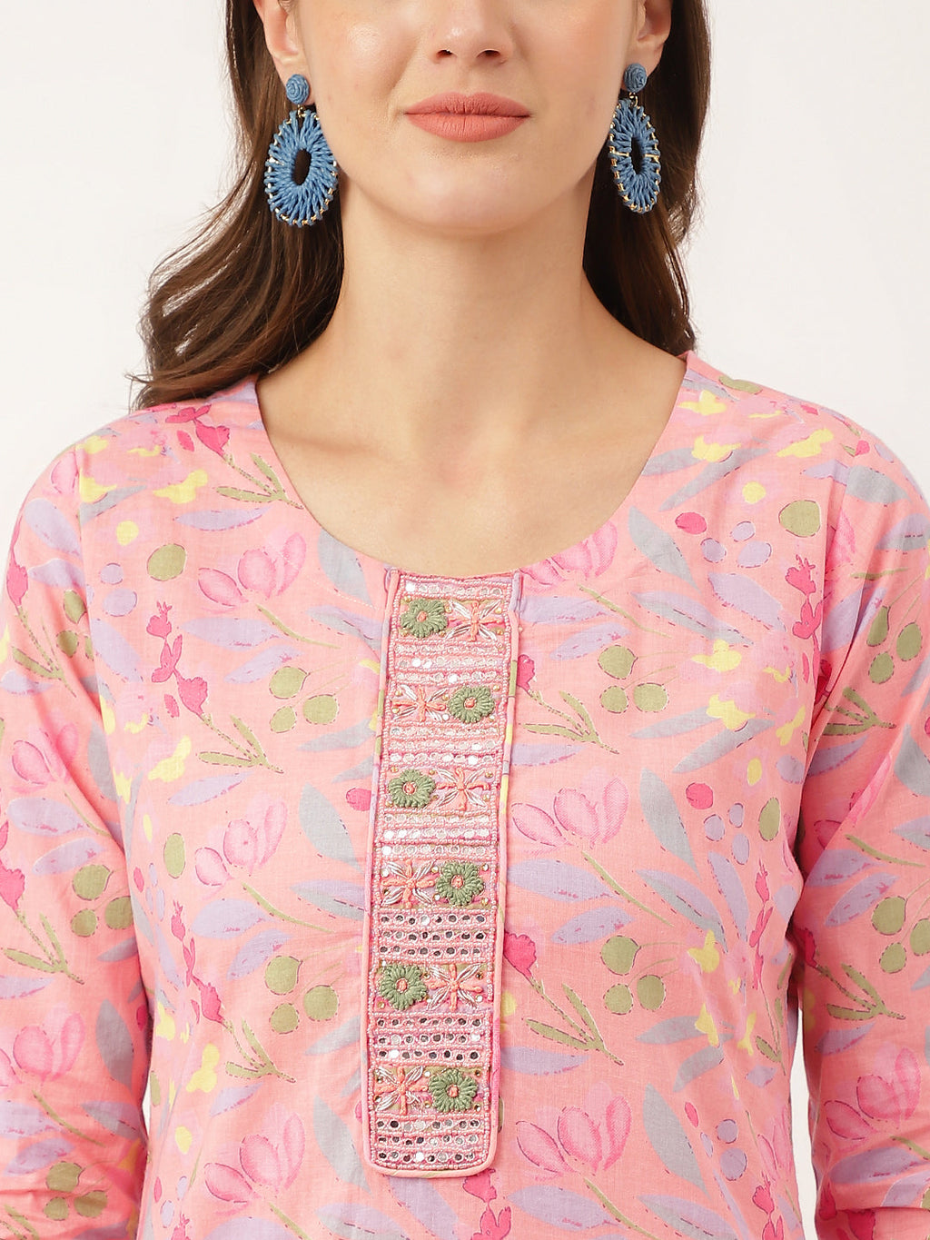 Noe Velarro Pink Floral Print Cotton  Kurta, Trouser With Dupatta