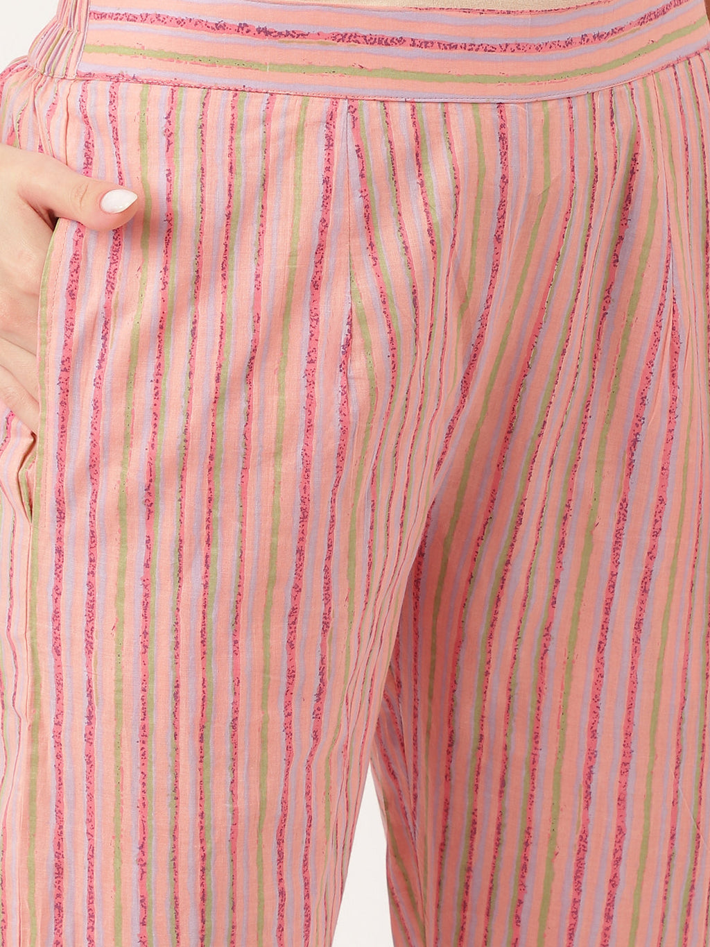 Noe Velarro Pink Floral Print Cotton  Kurta, Trouser With Dupatta