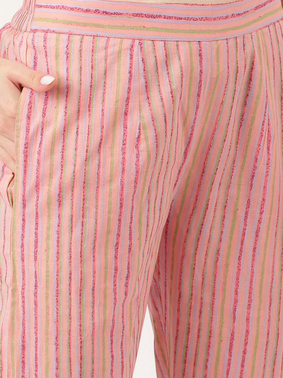 Noe Velarro Pink Floral Print Cotton  Kurta, Trouser With Dupatta