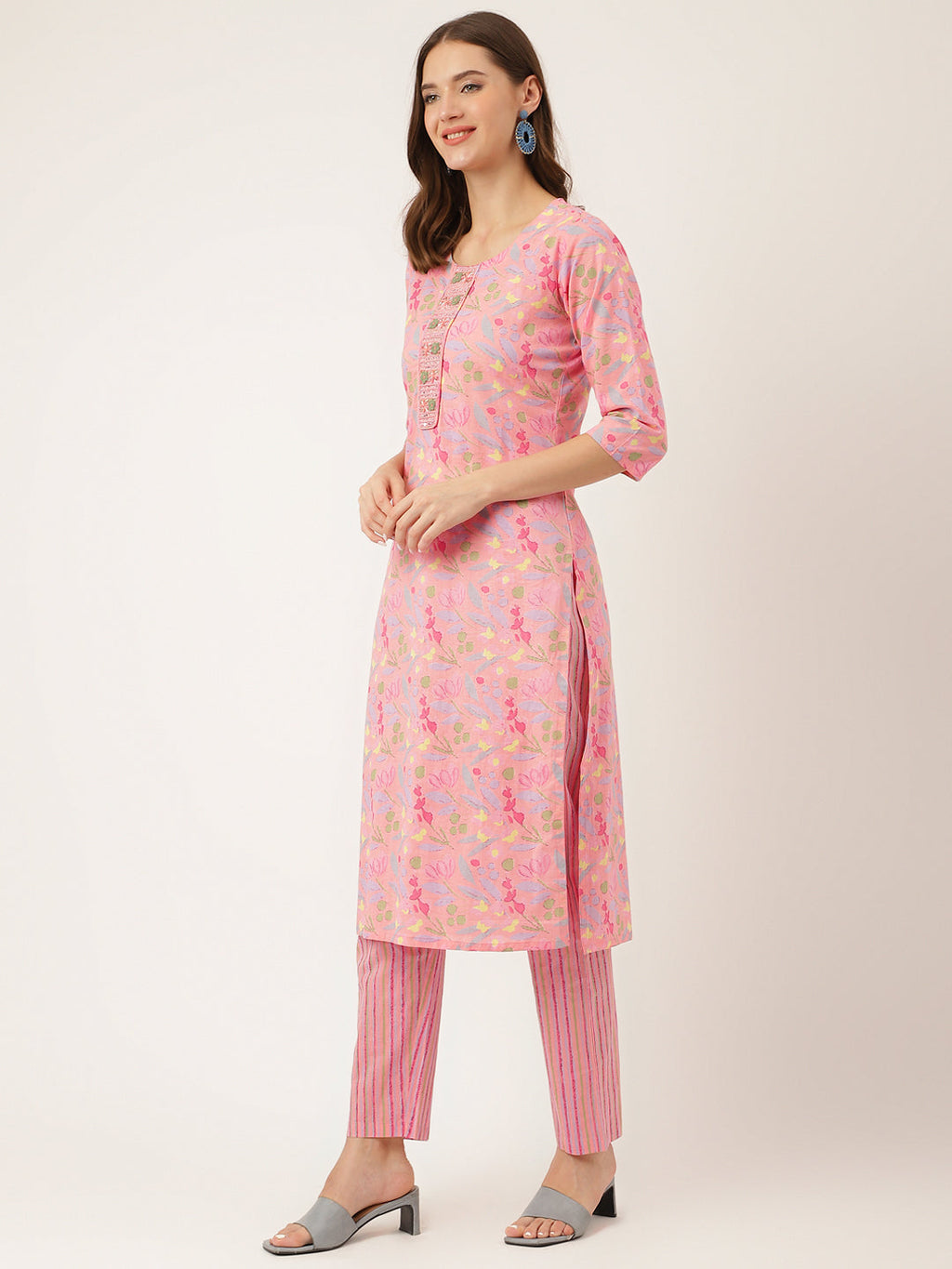 Noe Velarro Pink Floral Print Cotton  Kurta, Trouser With Dupatta
