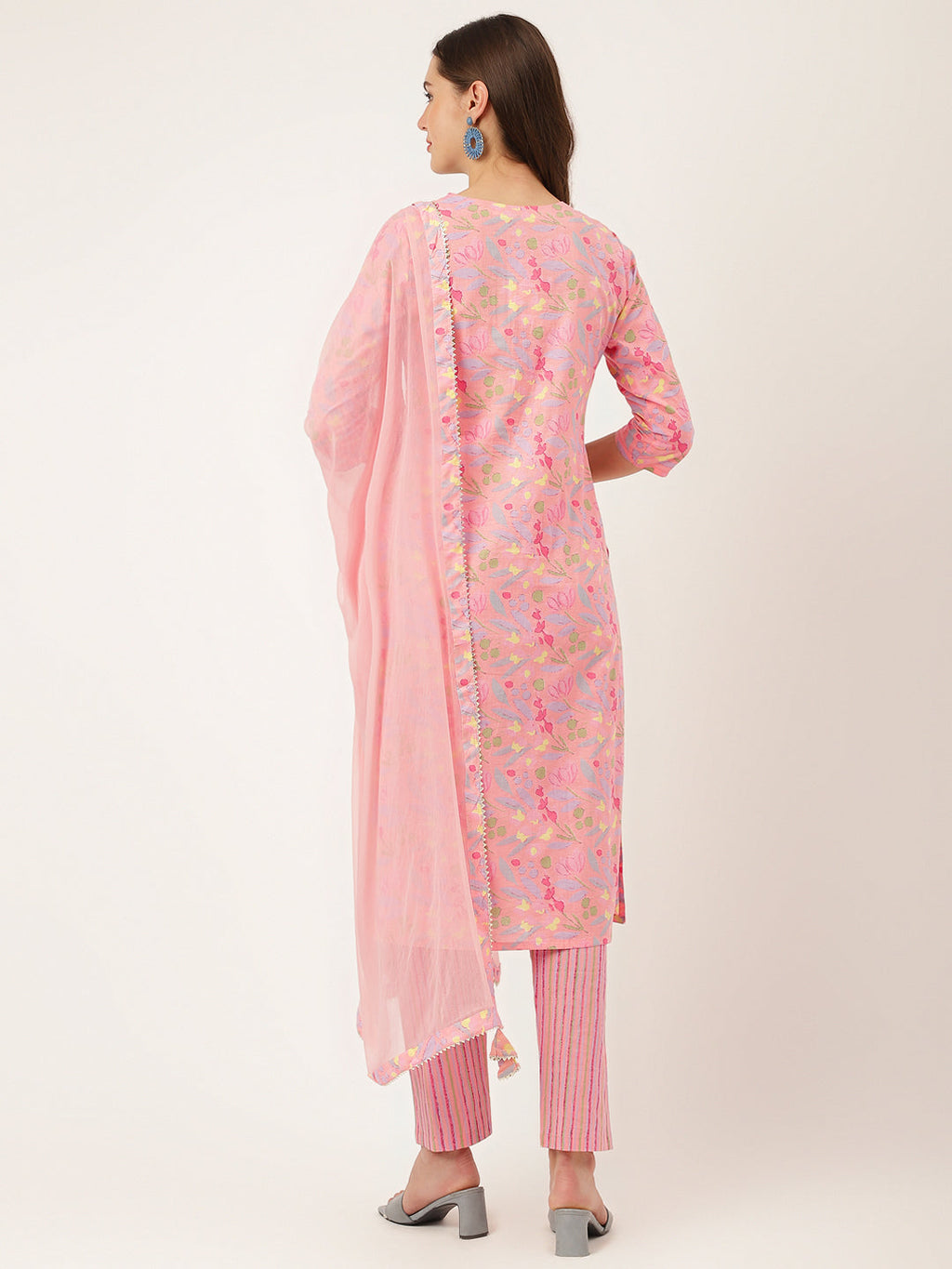 Noe Velarro Pink Floral Print Cotton  Kurta, Trouser With Dupatta