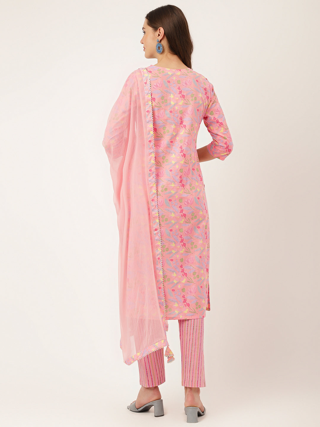 Noe Velarro Pink Floral Print Cotton  Kurta, Trouser With Dupatta