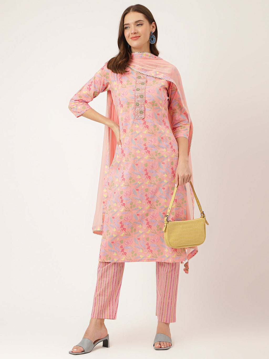 Noe Velarro Pink Floral Print Cotton  Kurta, Trouser With Dupatta