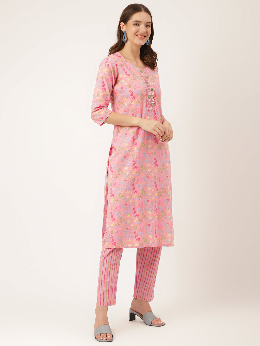 Noe Velarro Pink Floral Print Cotton  Kurta, Trouser With Dupatta