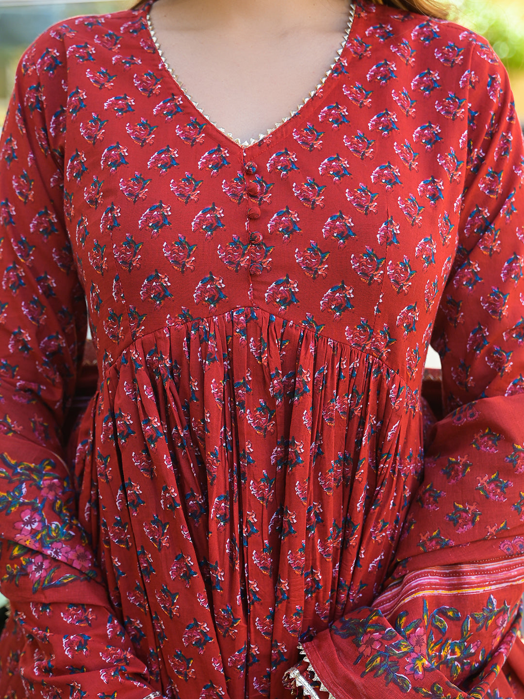 Noe Velarro Red Floral Cotton Printed Anarkali Kurta Pant With Dupatta