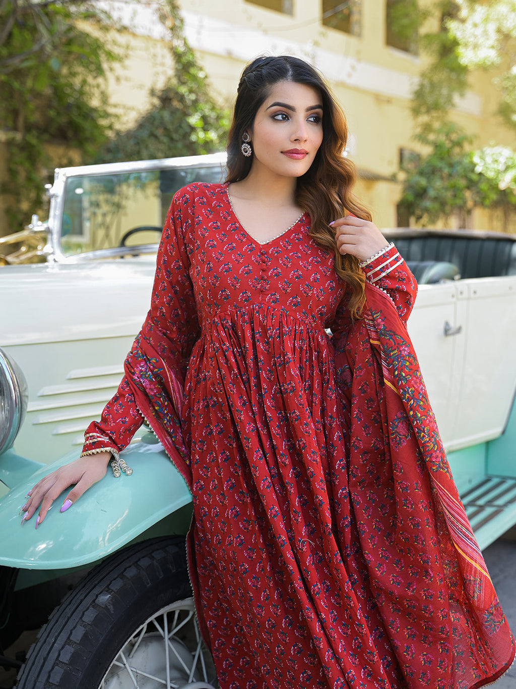 Noe Velarro Red Floral Cotton Printed Anarkali Kurta Pant With Dupatta