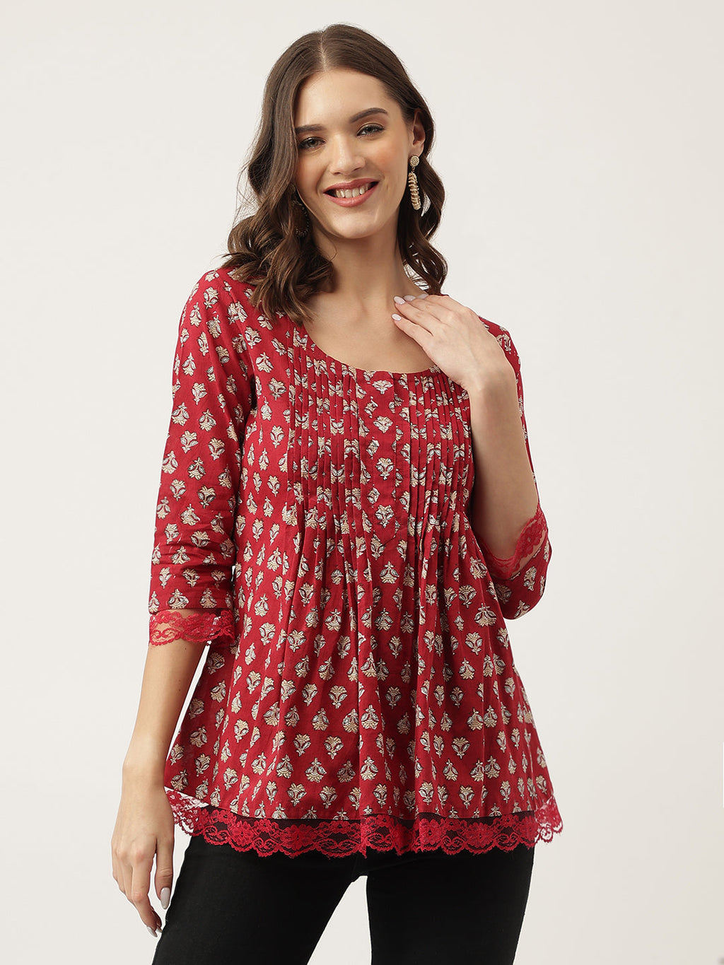 Noe Velarro Maroon Floral Printed Cotton Peplum Top