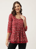 Noe Velarro Maroon Floral Printed Cotton Peplum Top