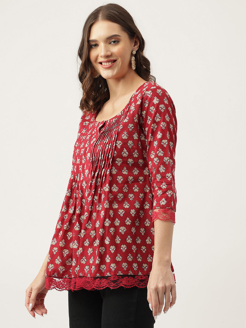 Noe Velarro Maroon Floral Printed Cotton Peplum Top
